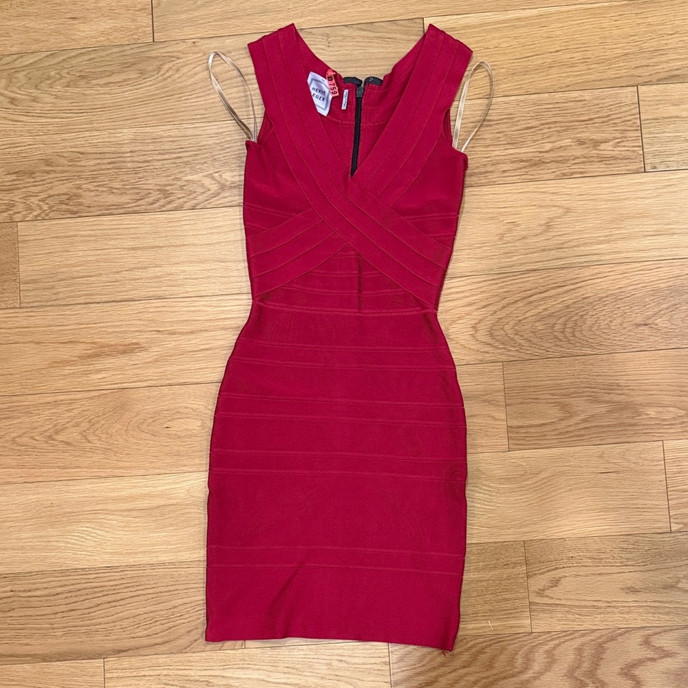 Herve Leger Red Mini Bandage Dress With Contrast Stripe, XS